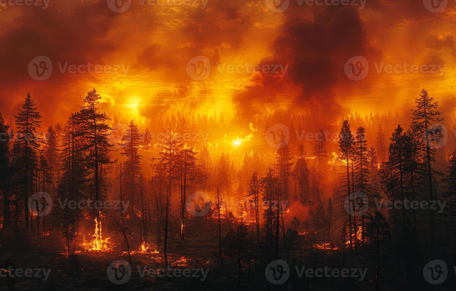 ai généré forêt Feu brûlant des arbres et fumée photo