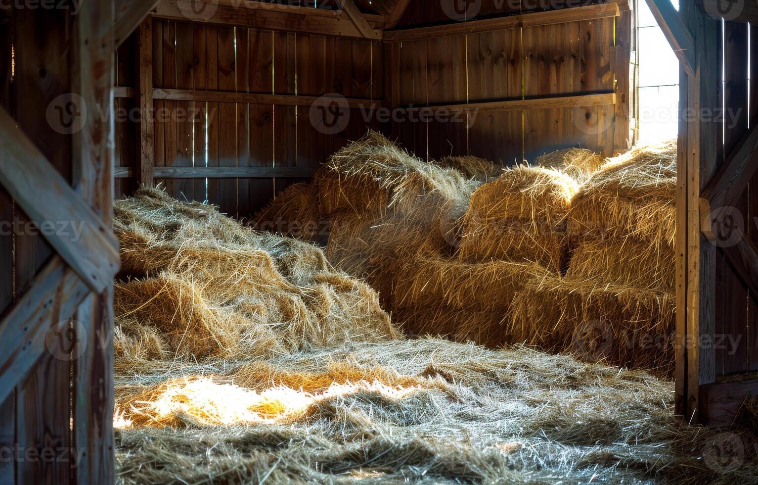 ai généré foins balles et paille dans Grange. une pile de foins dans le Grange photo