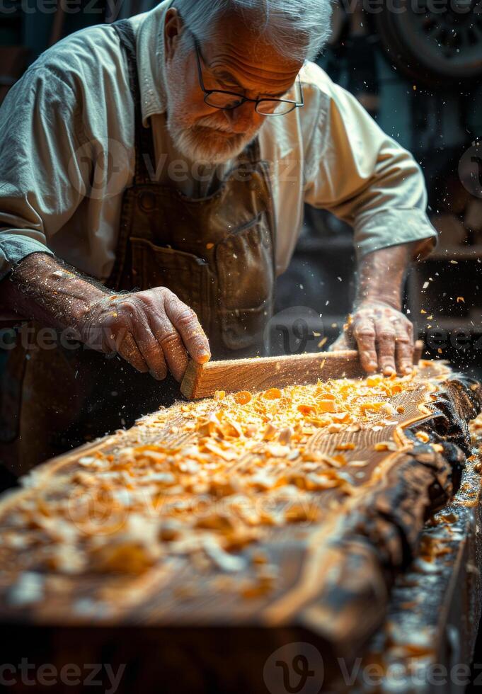 ai généré Sénior Charpentier rabotage planche de bois dans le sien atelier avec Manuel avion et sciure en volant autour lui photo