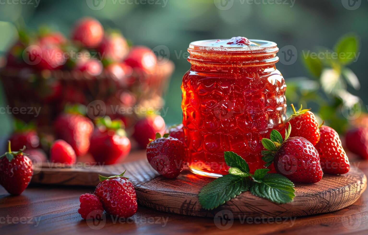 ai généré pot de fraise confiture sur en bois table photo