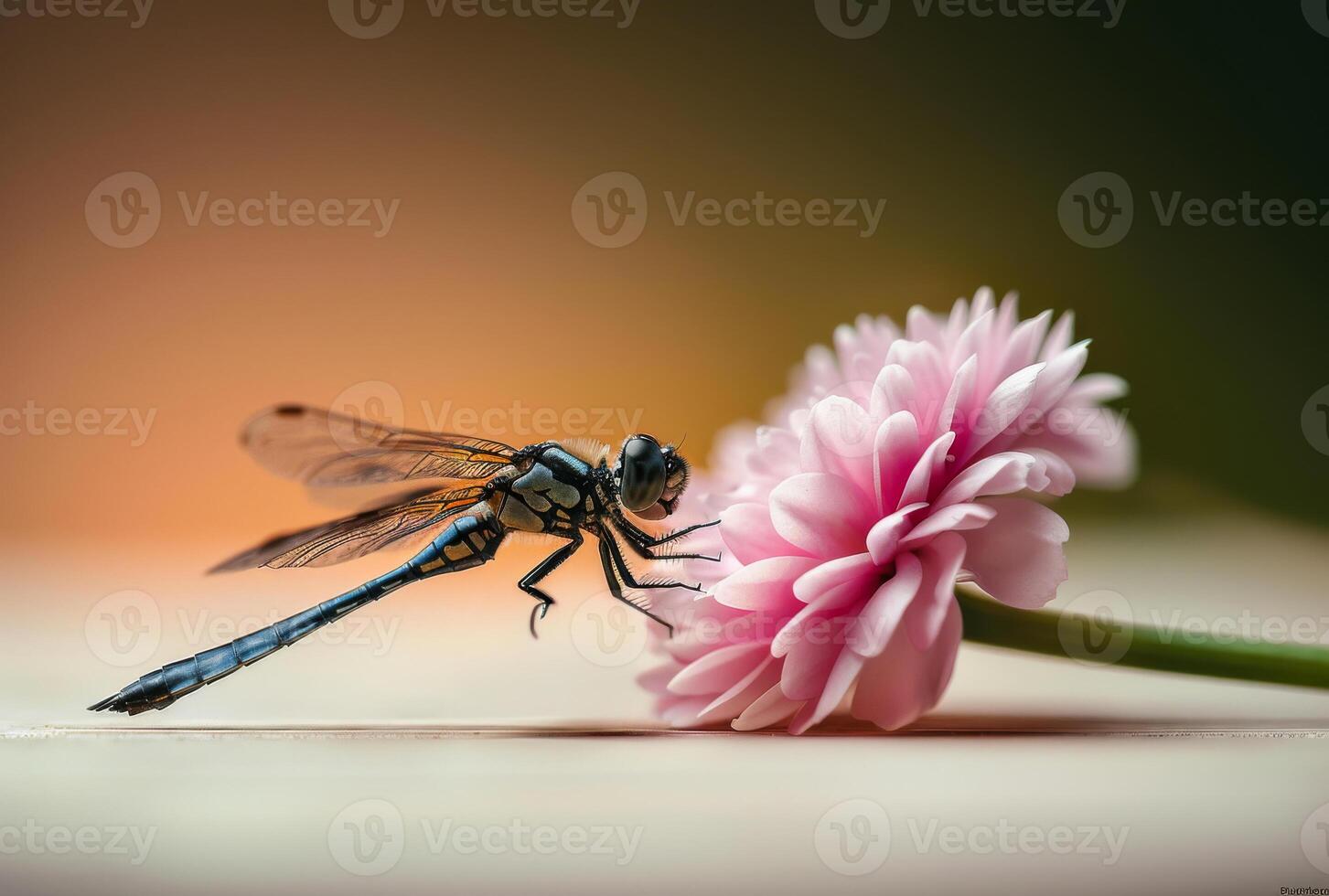 ai généré libellule et fleur. proche en haut de une libellule sur une fleur photo