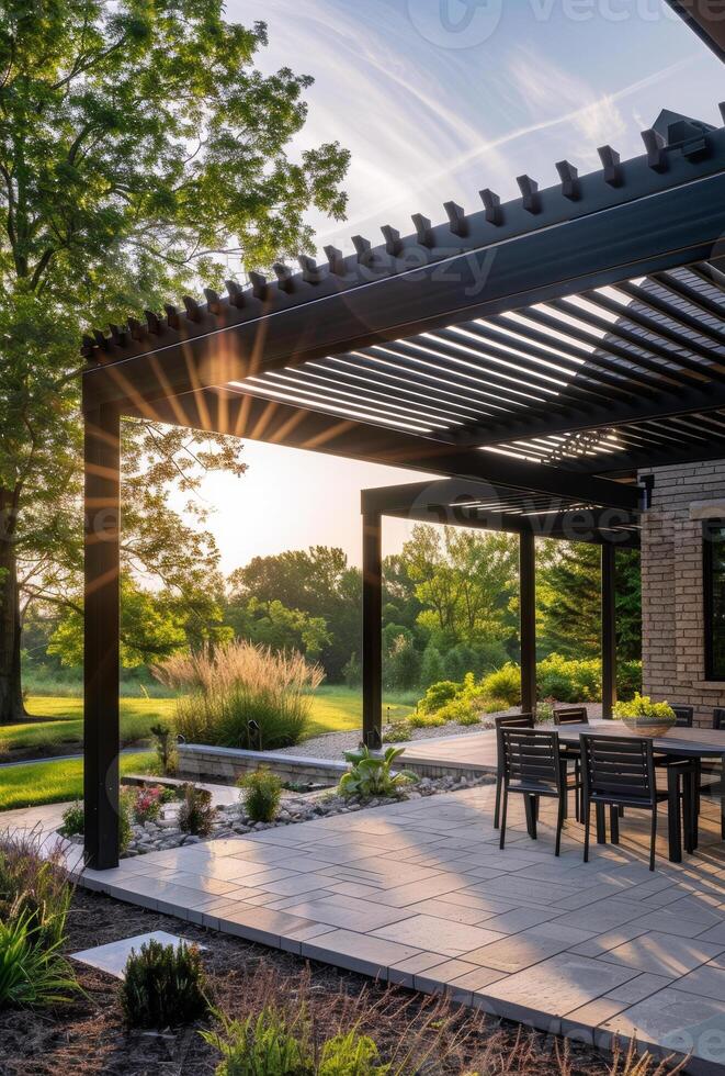 ai généré pergola et Extérieur à manger zone avec Feu fosse et vue de le le golf cours à le coucher du soleil photo