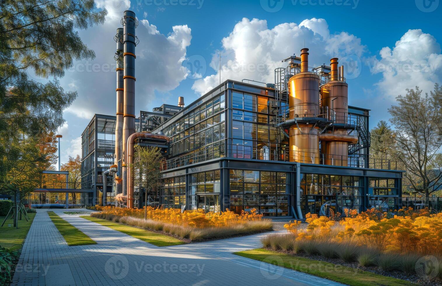 ai généré moderne distillerie dans le ville. un industriel avec grand tuyaux et les structures photo