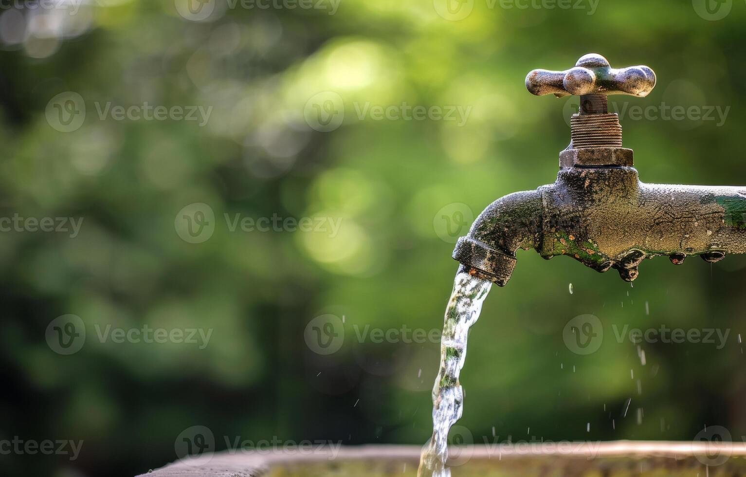 ai généré l'eau les flux de le robinet. une vieux l'eau robinet avec une gros bec de lequel blanc l'eau est écoulement photo