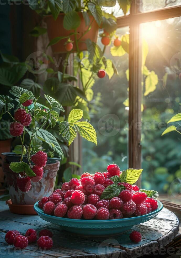 ai généré framboises dans bleu assiette sur en bois table dans le des rayons de le Soleil photo