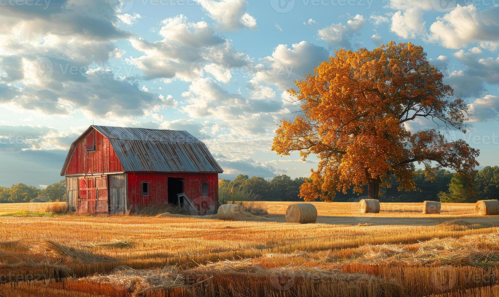 ai généré rouge Grange et foins balles asseoir dans champ sur ensoleillé l'automne journée. photo