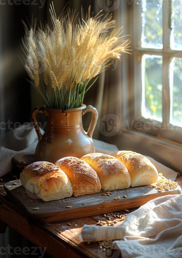 ai généré fraîchement cuit fait maison pain Rouleaux et blé oreilles dans vase sur en bois table dans le des rayons de le Matin Soleil photo