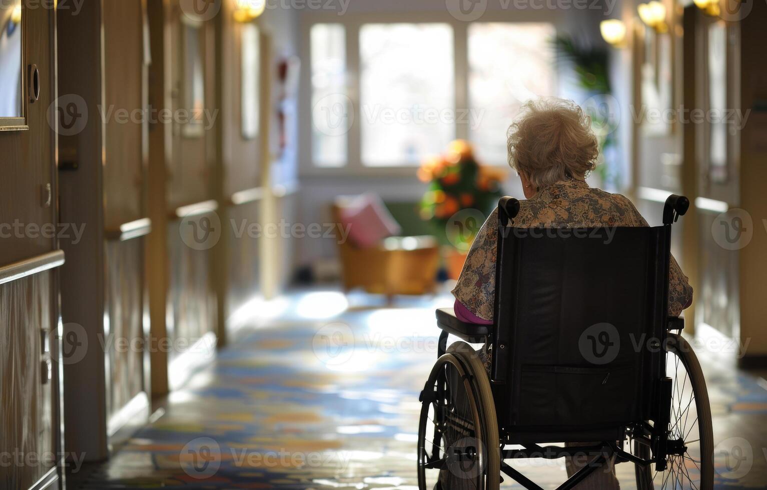 ai généré Sénior femme est séance dans fauteuil roulant. gouvernement maîtrisé retraite programmes photo