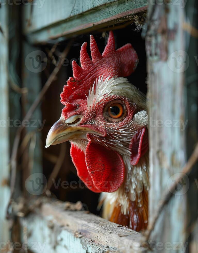 ai généré coq regards en dehors de la fenêtre. une blanc poule à la recherche en dehors le fenêtre de une poulet coopérative photo