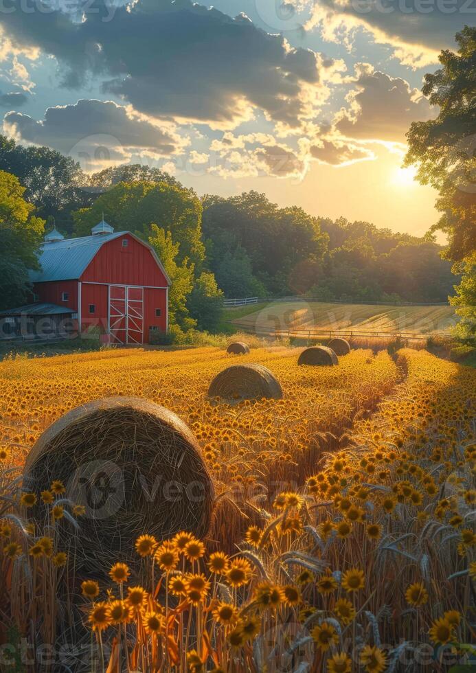 ai généré foins balles et tournesols sur ferme champ à le coucher du soleil photo