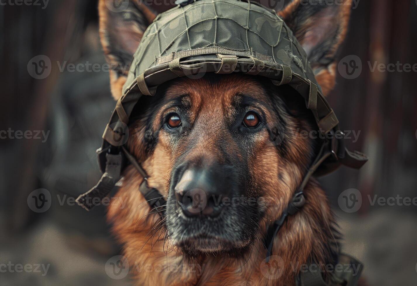 ai généré allemand berger dans militaire casque photo