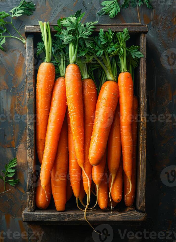 ai généré Frais carottes dans en bois boîte photo