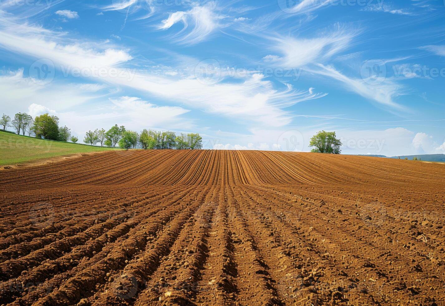 ai généré une labouré terre champ avec bleu ciel photo