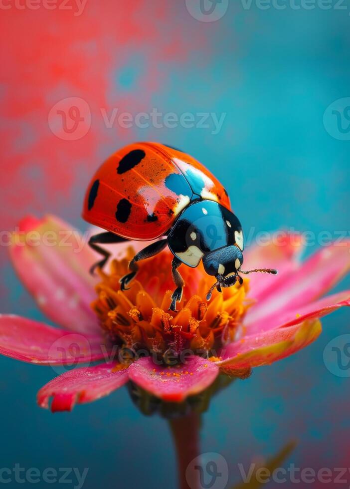 ai généré coccinelle sur fleur dans le l'eau. une Dame punaise est séance sur une fleur photo