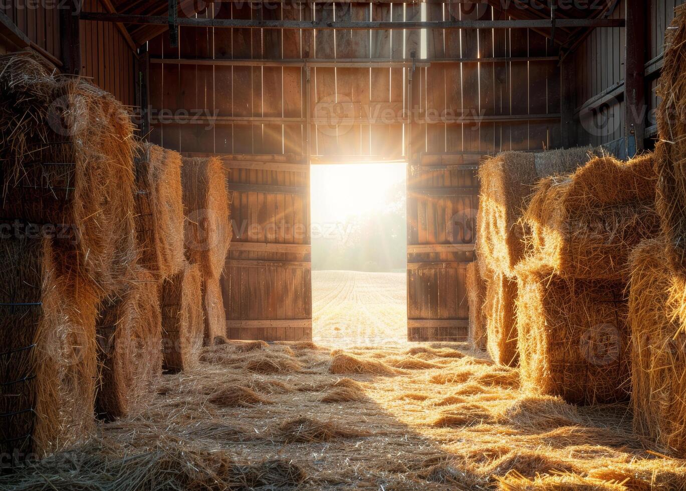 ai généré paille balles et foins dans Grange à le coucher du soleil photo