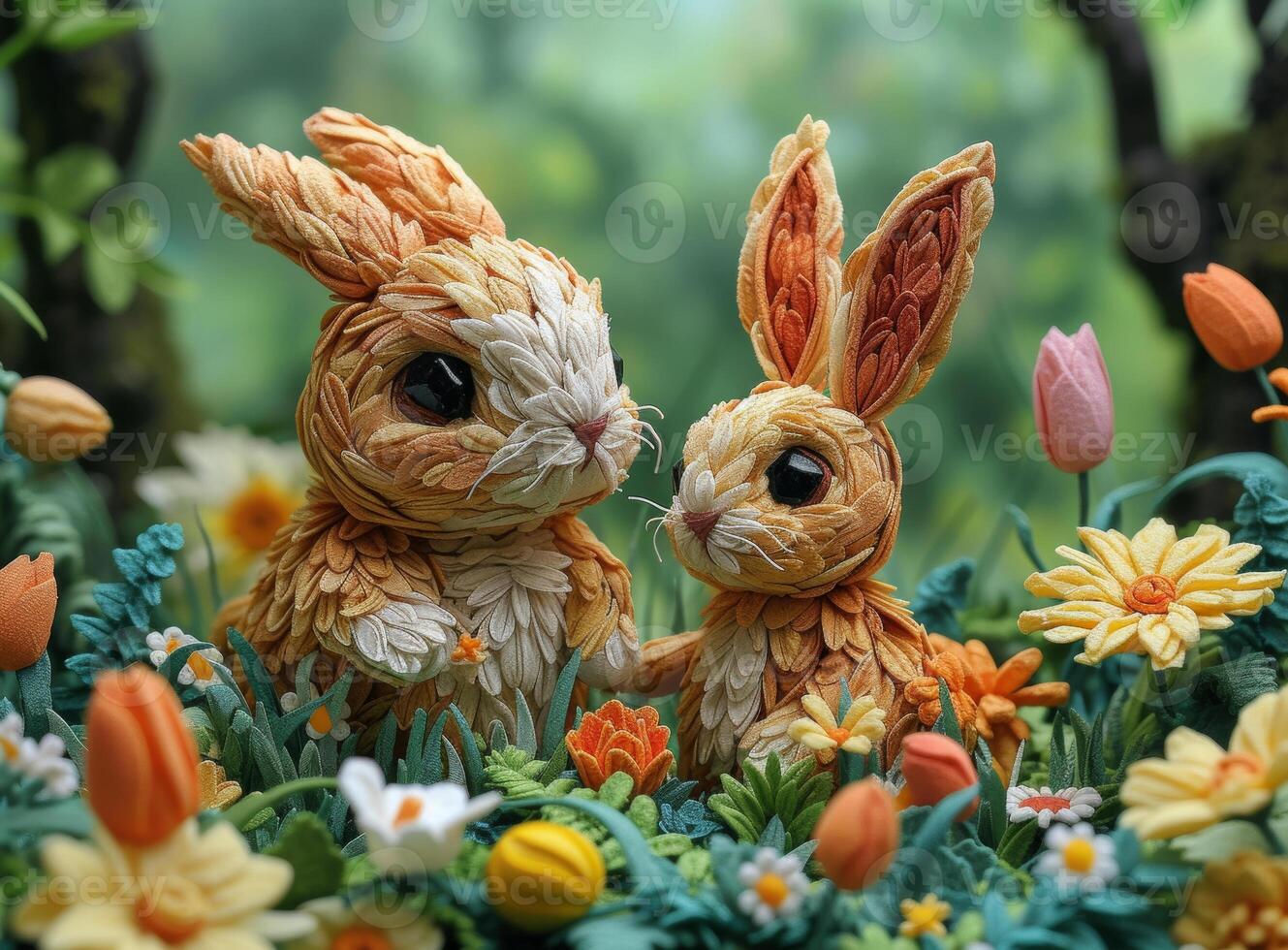 ai généré deux mignonne Pâques lapins sont séance dans fleur jardin parmi printemps fleurs et des arbres. photo