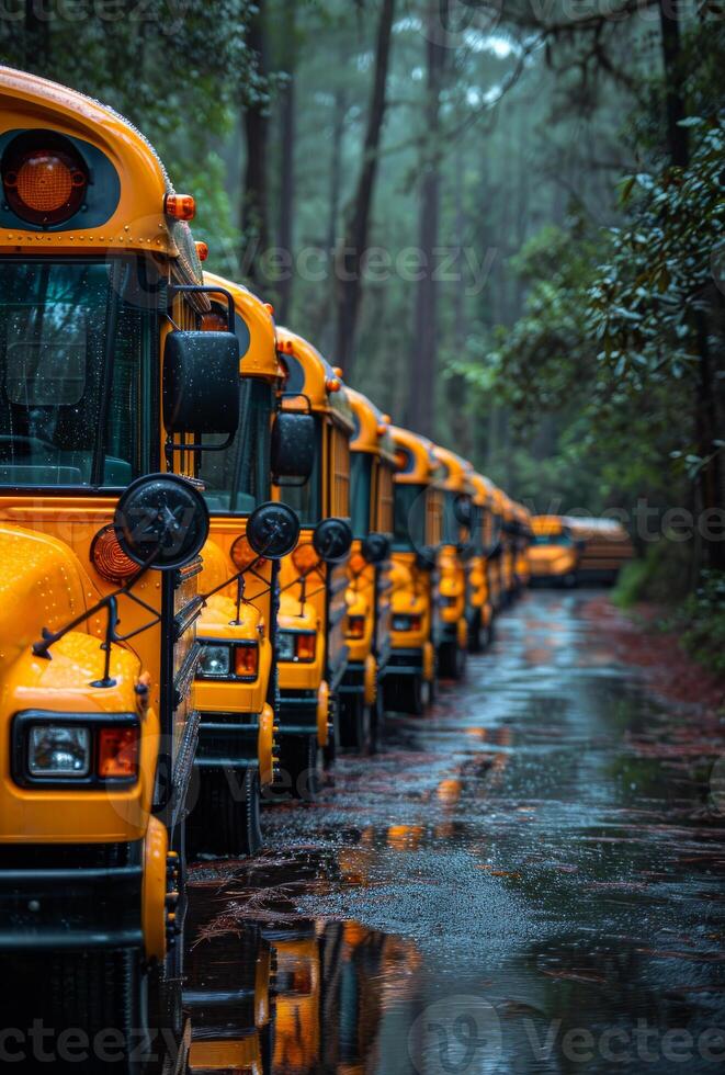 ai généré école les autobus garé dans ligne. rangée de garé école les autobus prêt à choisir en haut élèves photo