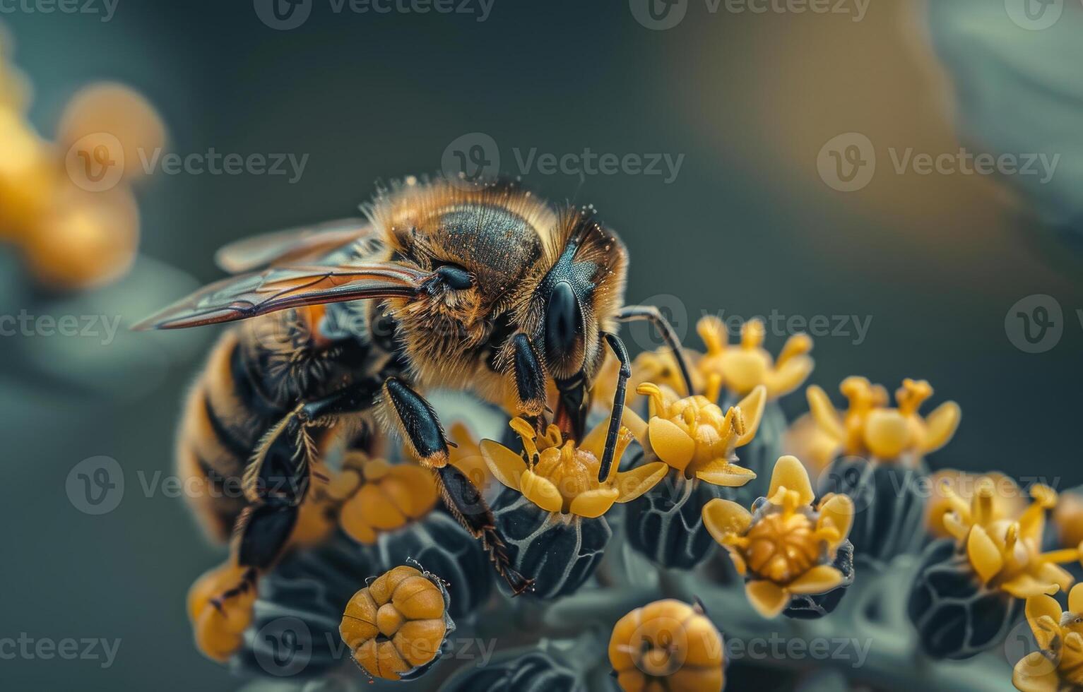 ai généré abeille polliniser fleurs. une abeille recueille nectar de fleurs photo