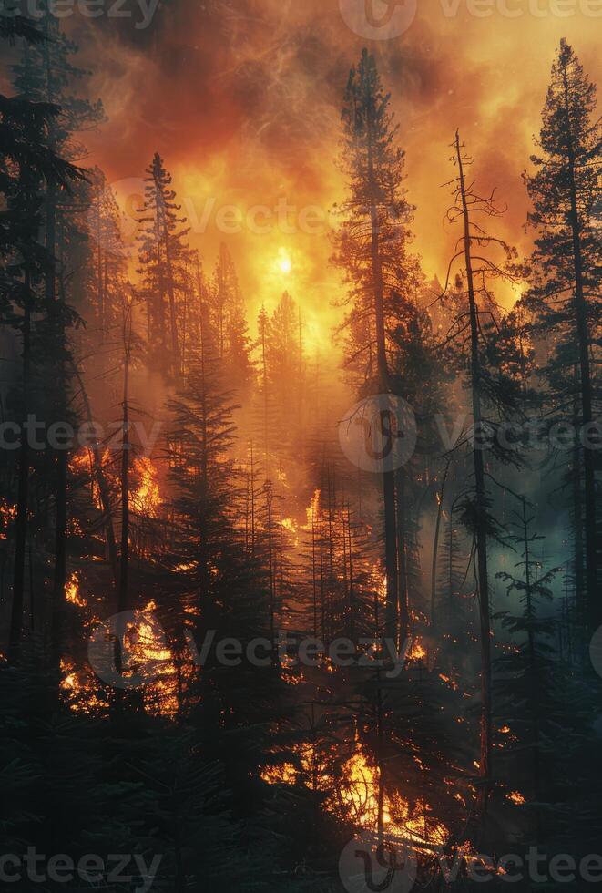 ai généré forêt Feu brûlant par pin forêt à le coucher du soleil. photo