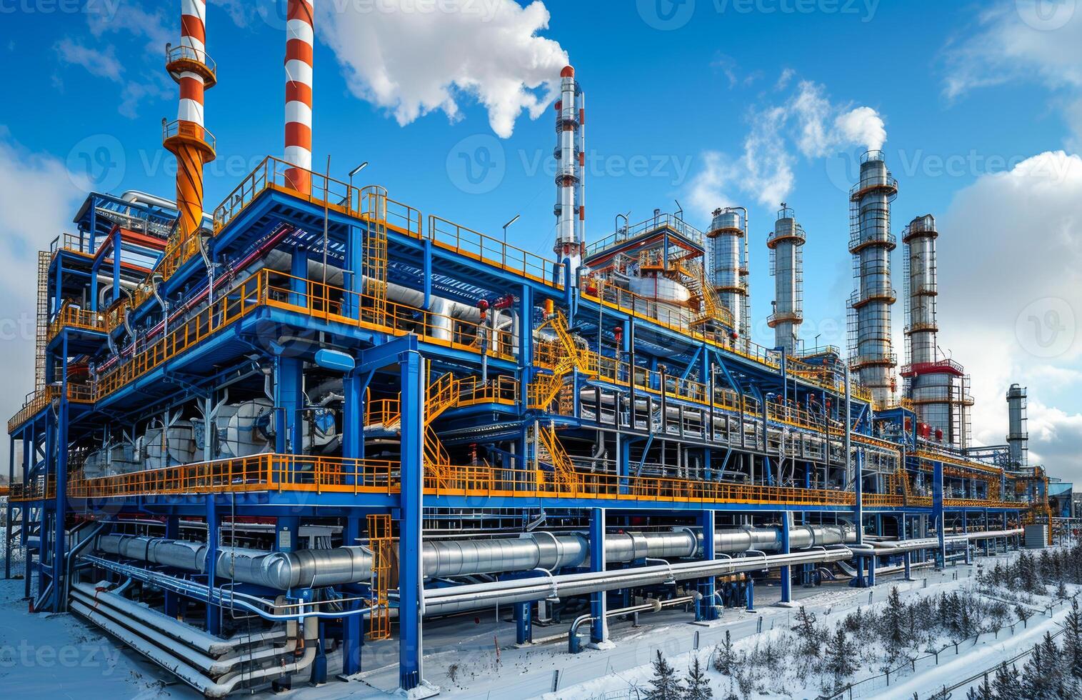 ai généré pétrole raffinerie dans le l'hiver. un industriel pétrole production plante avec grand tuyaux et les structures photo
