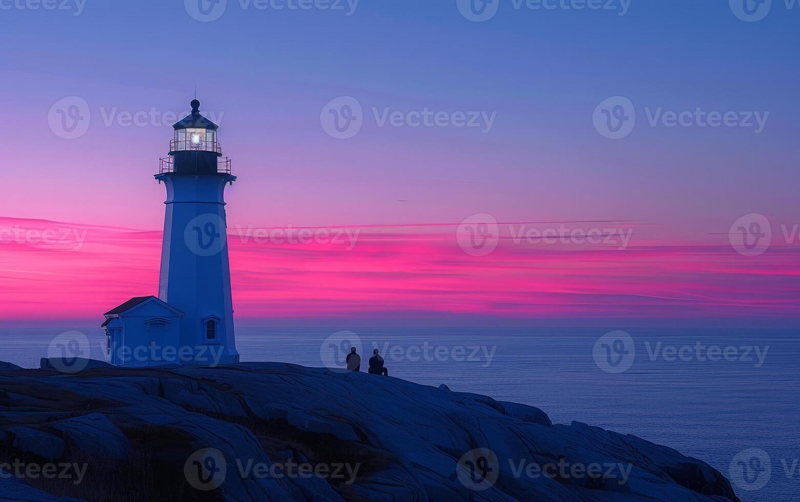 ai généré une phare des stands contre une fascinant le coucher du soleil ciel de Profond roses et blues photo