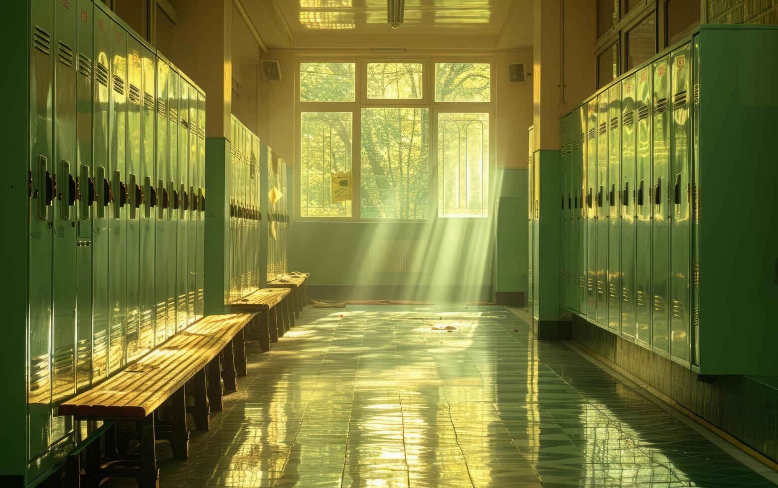 ai généré Matin lumière du soleil ruisseaux par grand les fenêtres sur brillant vert Casiers et brillant bancs photo