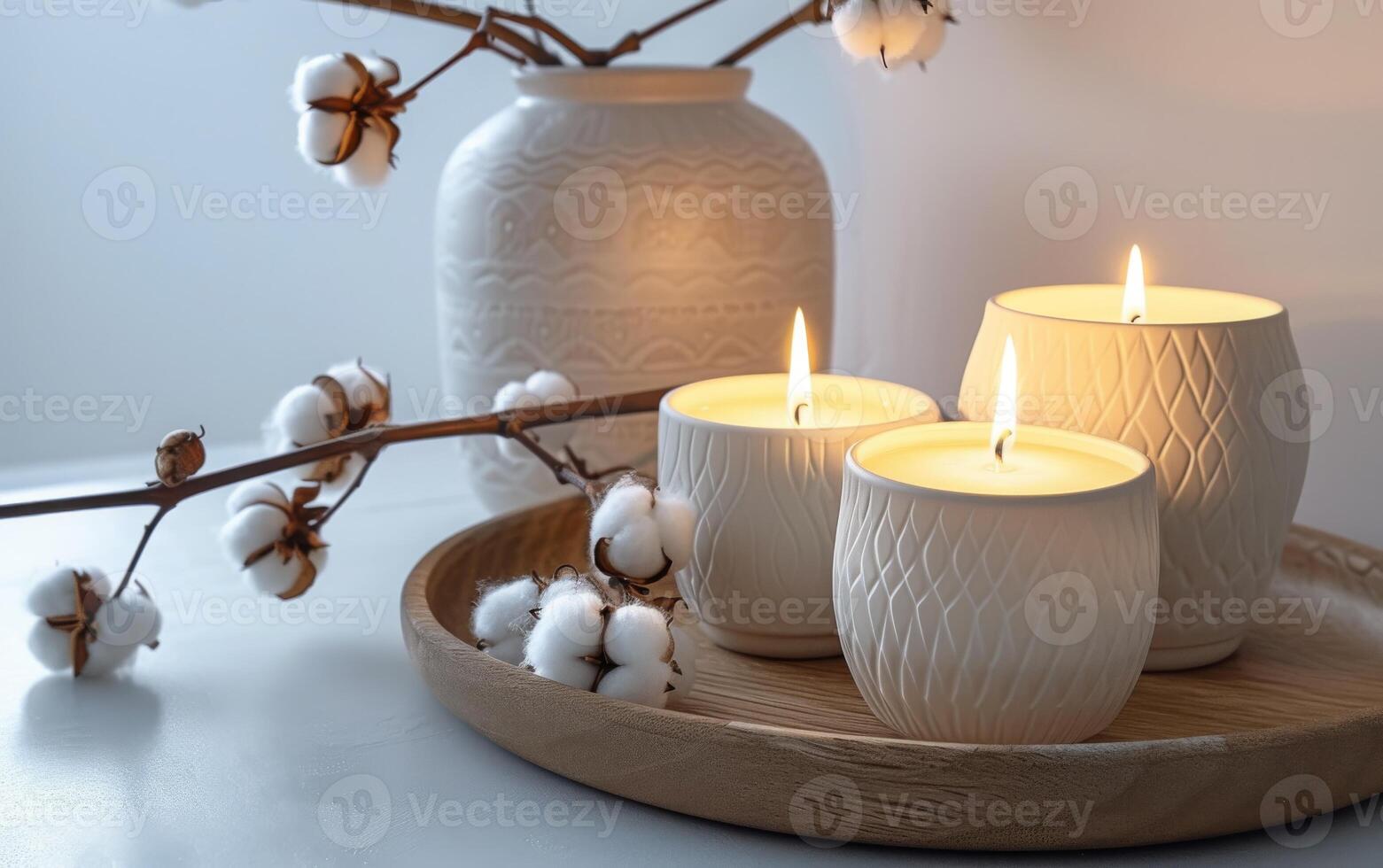 ai généré allumé bougies dans texturé titulaires sur une en bois plateau, accompagné par doux coton branches photo