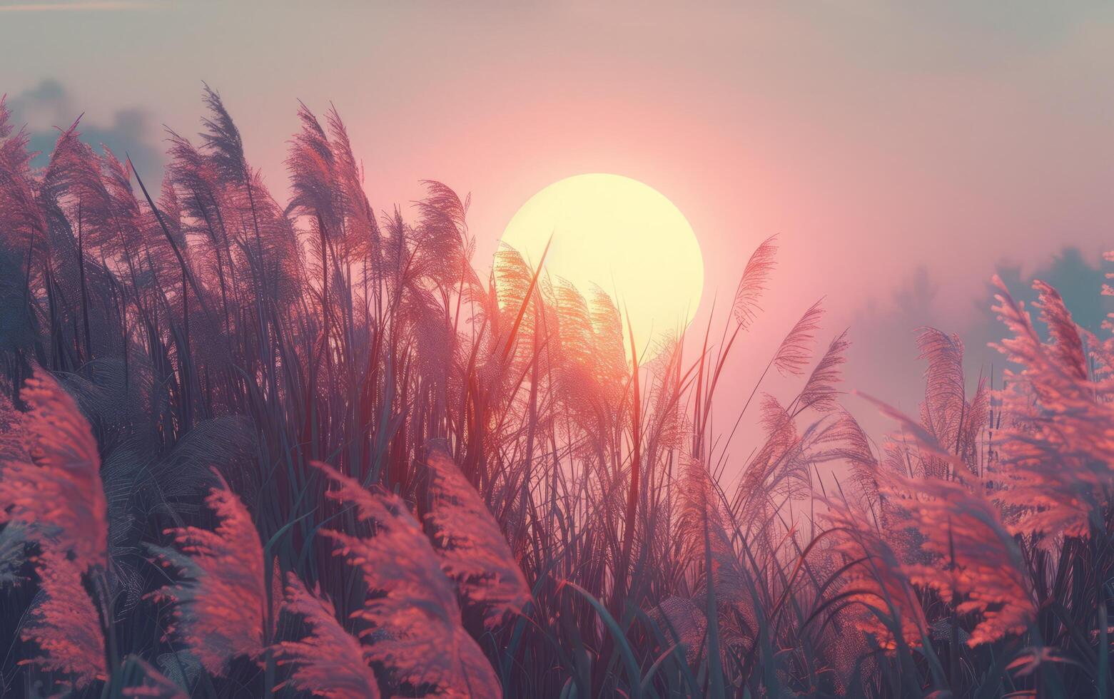 ai généré une serein le coucher du soleil baigné dans pastel teintes formes le parfait toile de fond pour le délicat Danse de roseaux balancement dans une doux brise photo