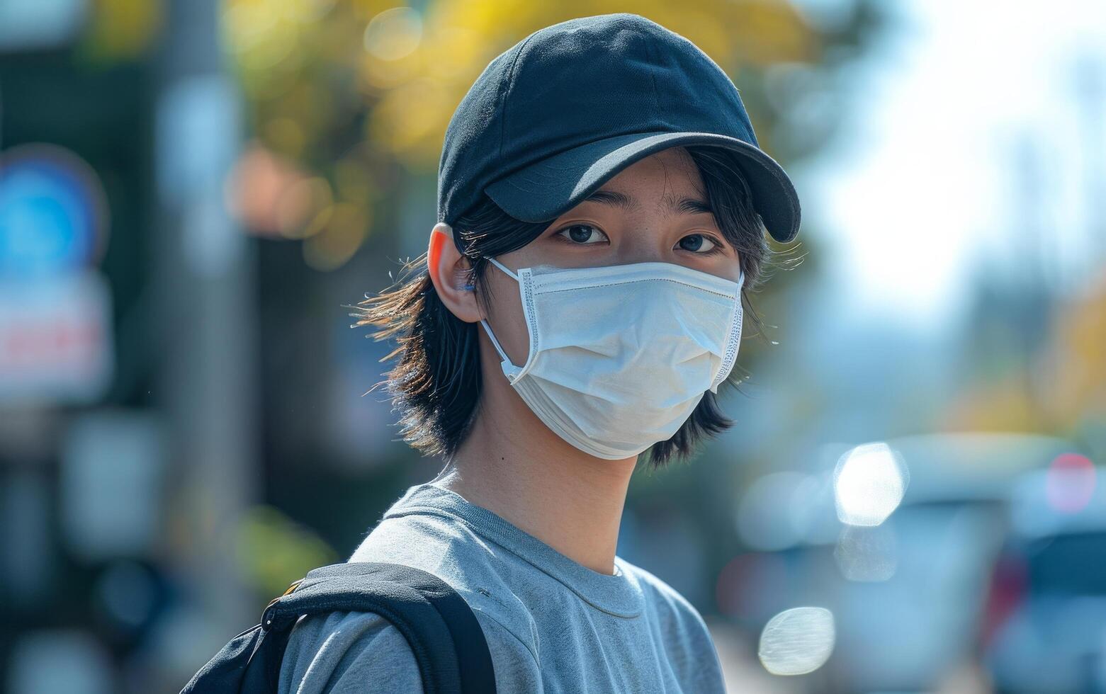 ai généré une Jeune homme avec une noir casquette et chirurgical masque, Nouveau Ordinaire dans une animé Urbain réglage photo