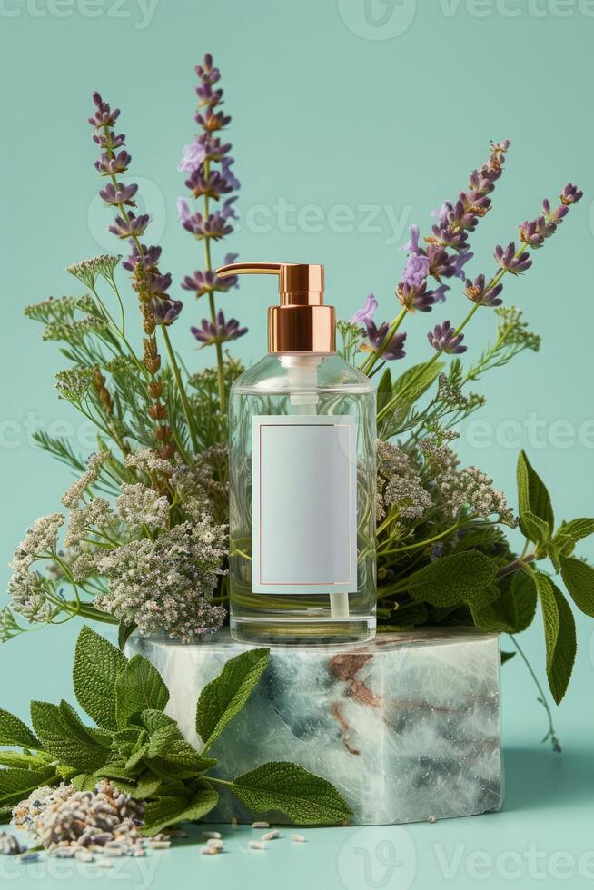 ai généré élégant parfum bouteille avec floral alentours photo