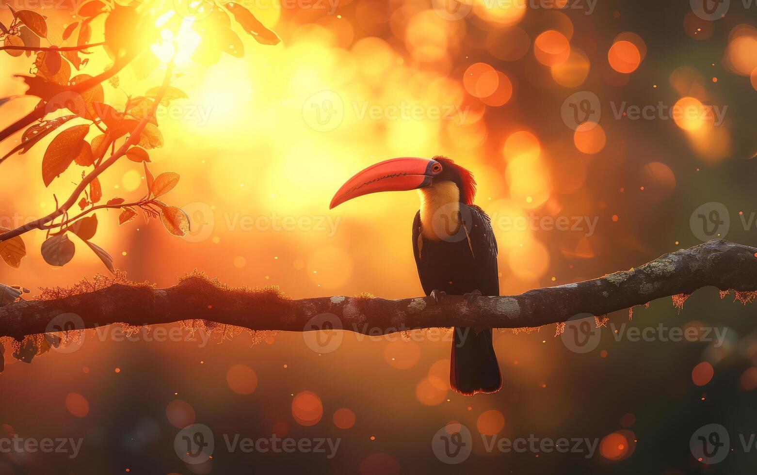 ai généré toucan à le coucher du soleil photo