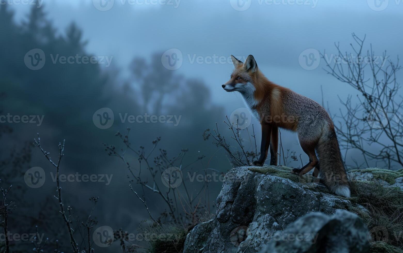 ai généré brumeux Renard sur alerte dans crépuscule photo