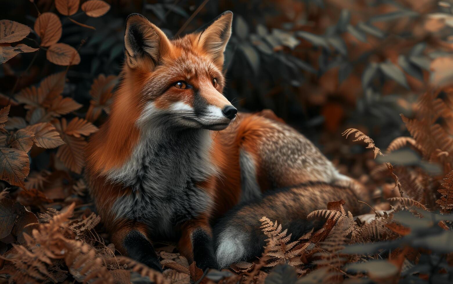 ai généré un adulte Renard est assis au milieu de une luxuriant forêt, ses frappant Orange fourrure photo