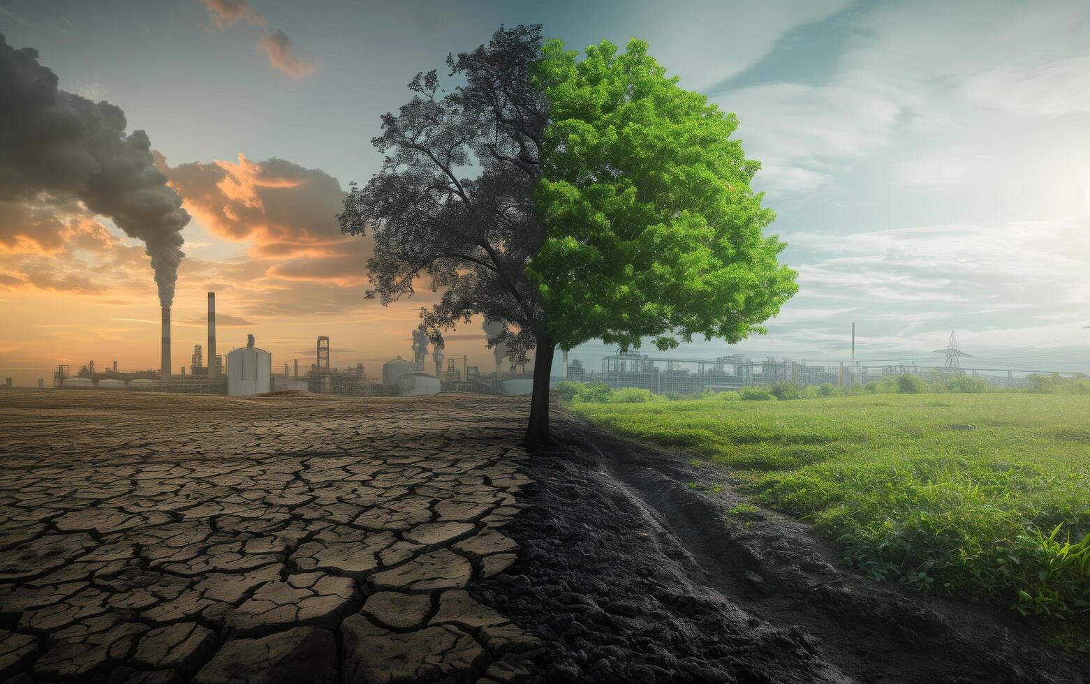 ai généré une Célibataire luxuriant vert arbre des stands sur le frontière de une fissuré, Dénudé terre et une vibrant herbeux champ photo