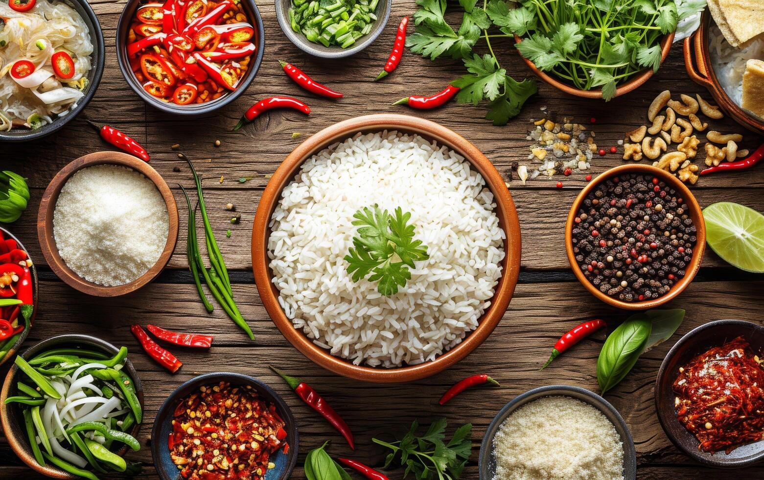 ai généré une bol de cuit blanc riz entouré par un assortiment de vibrant épices et herbes photo