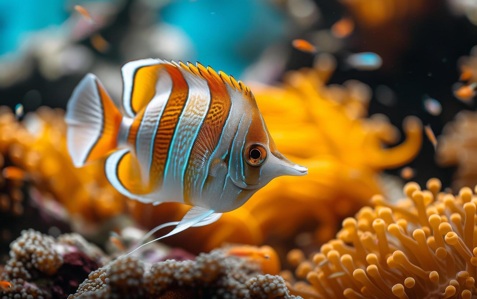 ai généré une vivement rayé bande de cuivre Poisson papillon nage gracieusement près le vibrant coraux photo