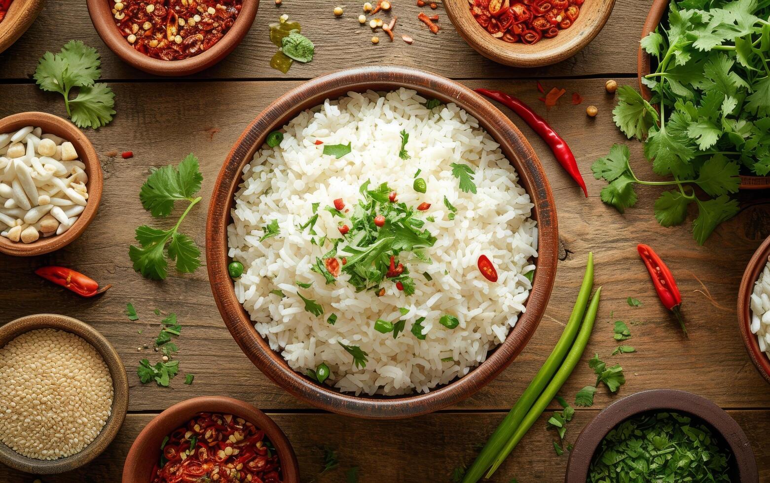 ai généré une bol de cuit blanc riz entouré par un assortiment de vibrant épices et herbes photo