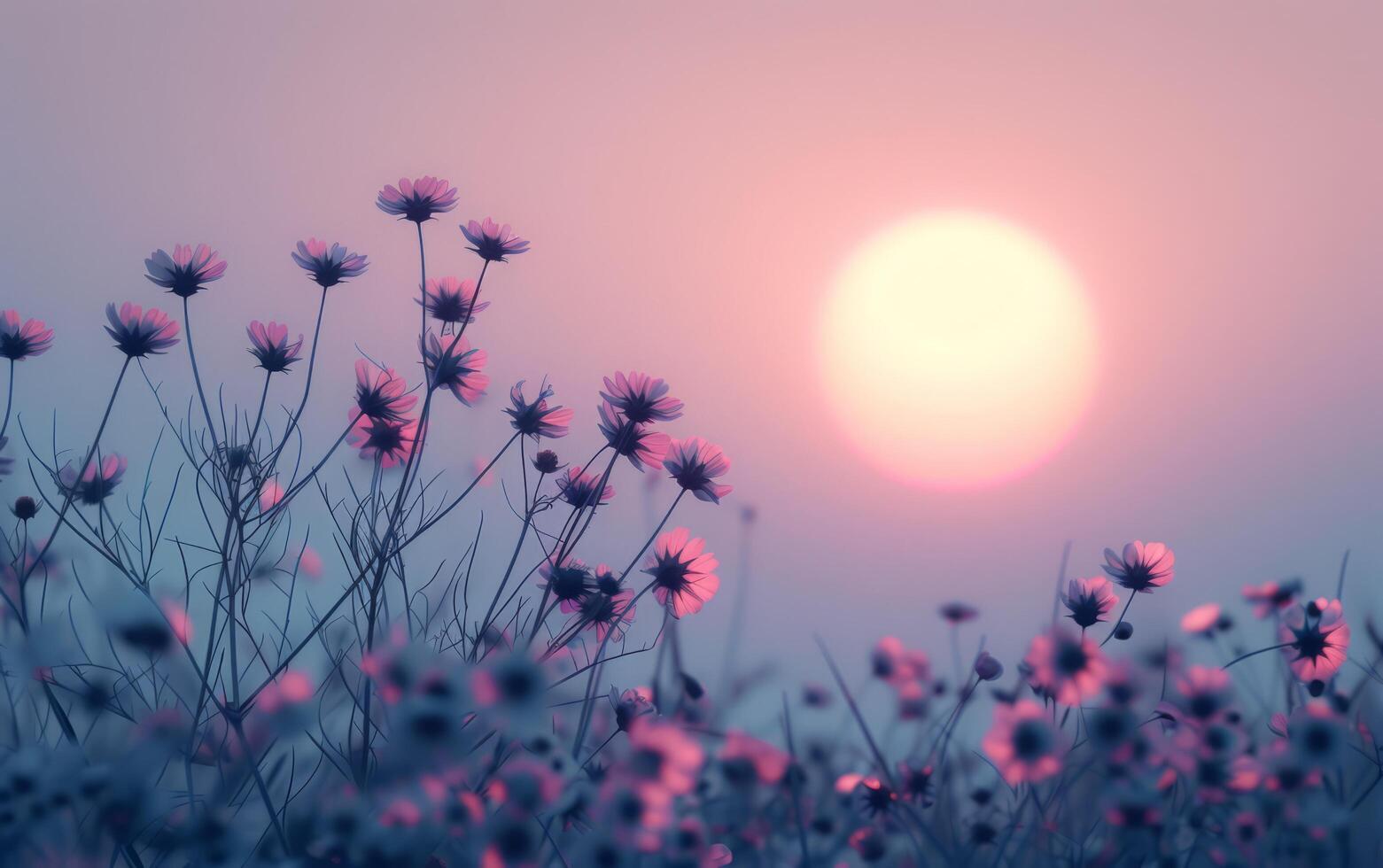 ai généré éthéré cosmos fleurs se prélasser dans le rosé lumière de lever du soleil photo