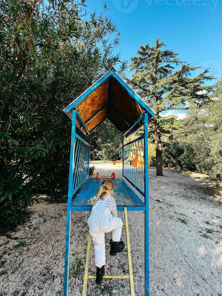 peu fille grimpe une en bois faire glisser sur une terrain de jeux dans le jardin photo