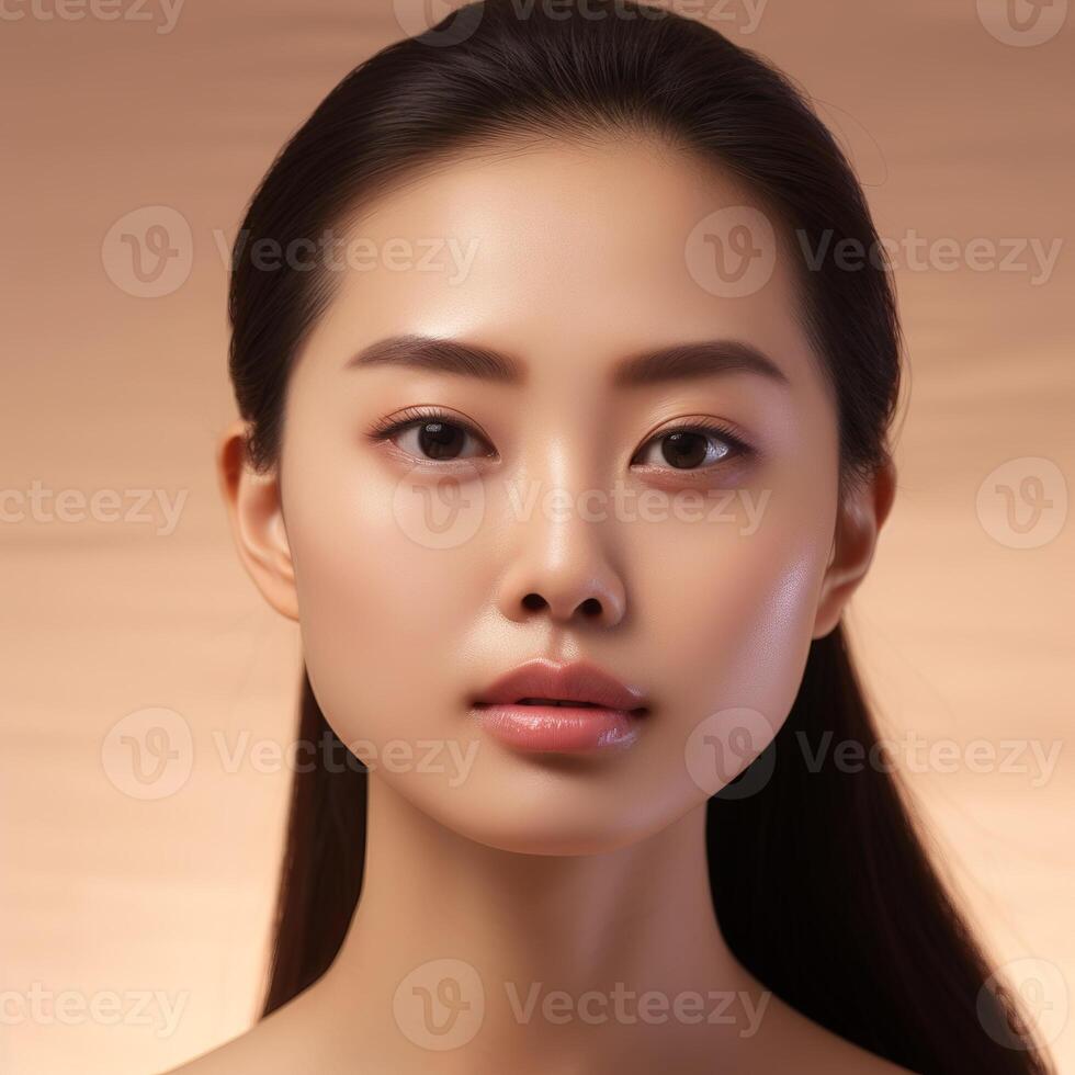 ai généré asiatique femme avec nettoyer Frais peau, et longue noir cheveux isolé beige Contexte photo