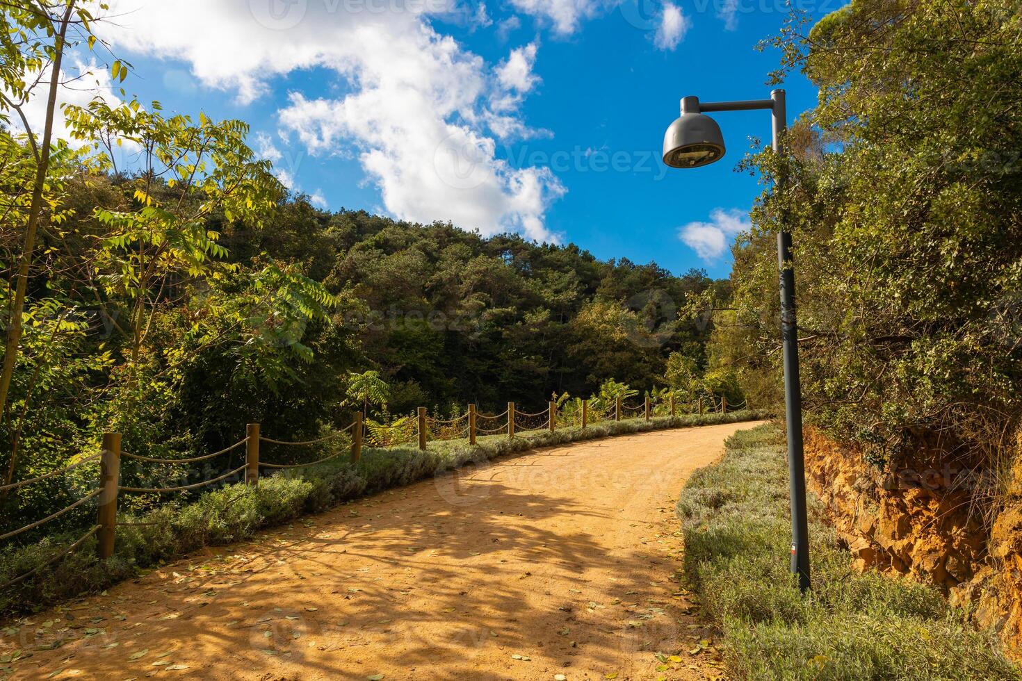 le jogging Piste avec une lumière pôle dans une parc ou forêt et partiellement nuageux ciel sur le Contexte. photo