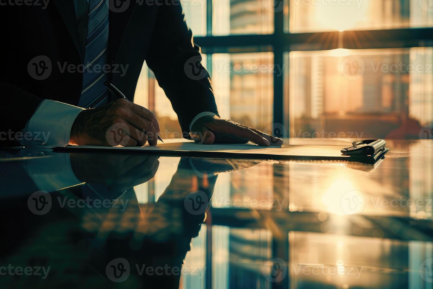 ai généré une la personne signature une document à une bureau. affaires accord, termes et conditions, engagement concept photo