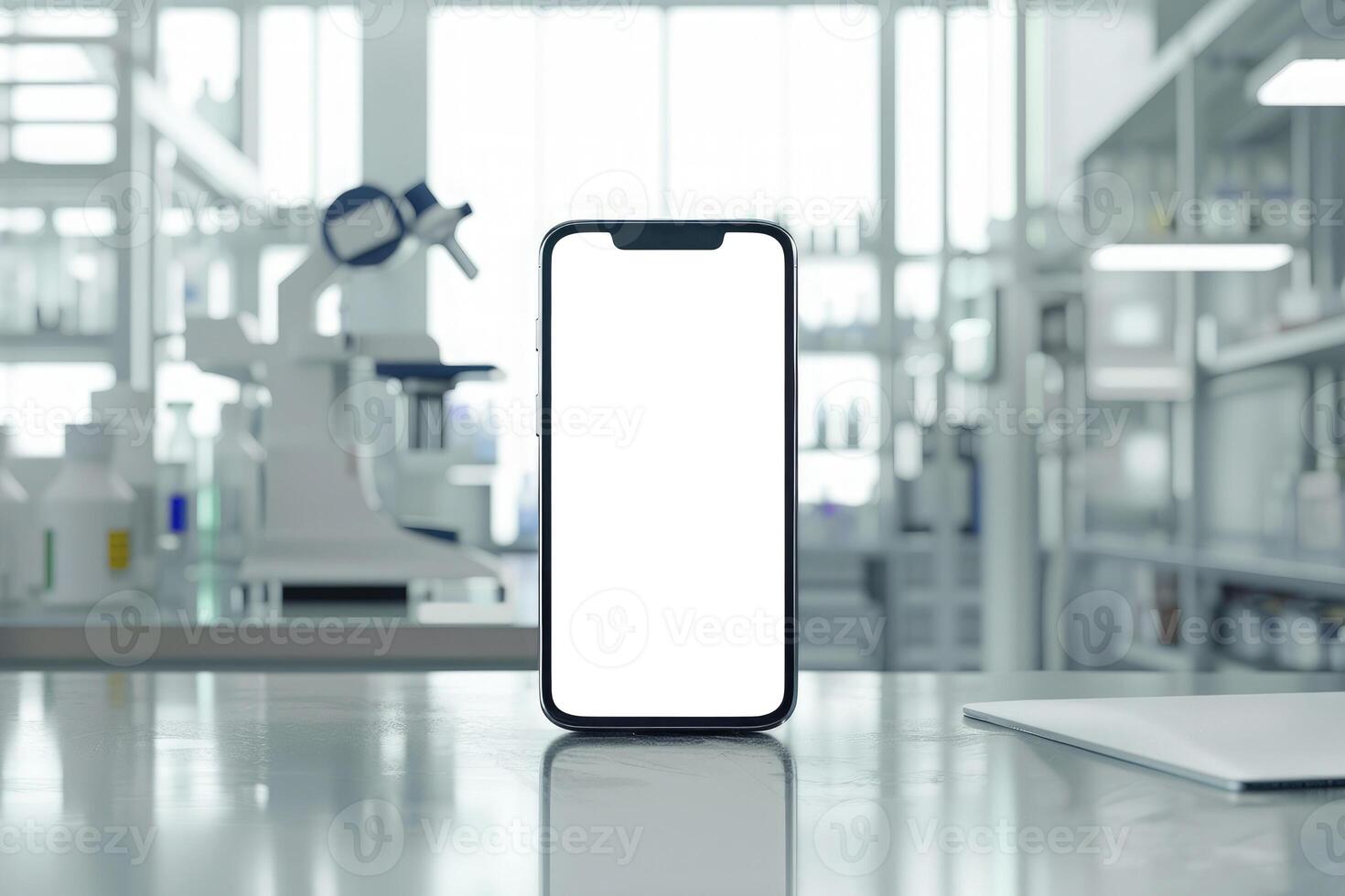 ai généré Vide écran téléphone intelligent des stands dans une laboratoire paramètre, avec scientifique équipement dans doux concentrer derrière photo