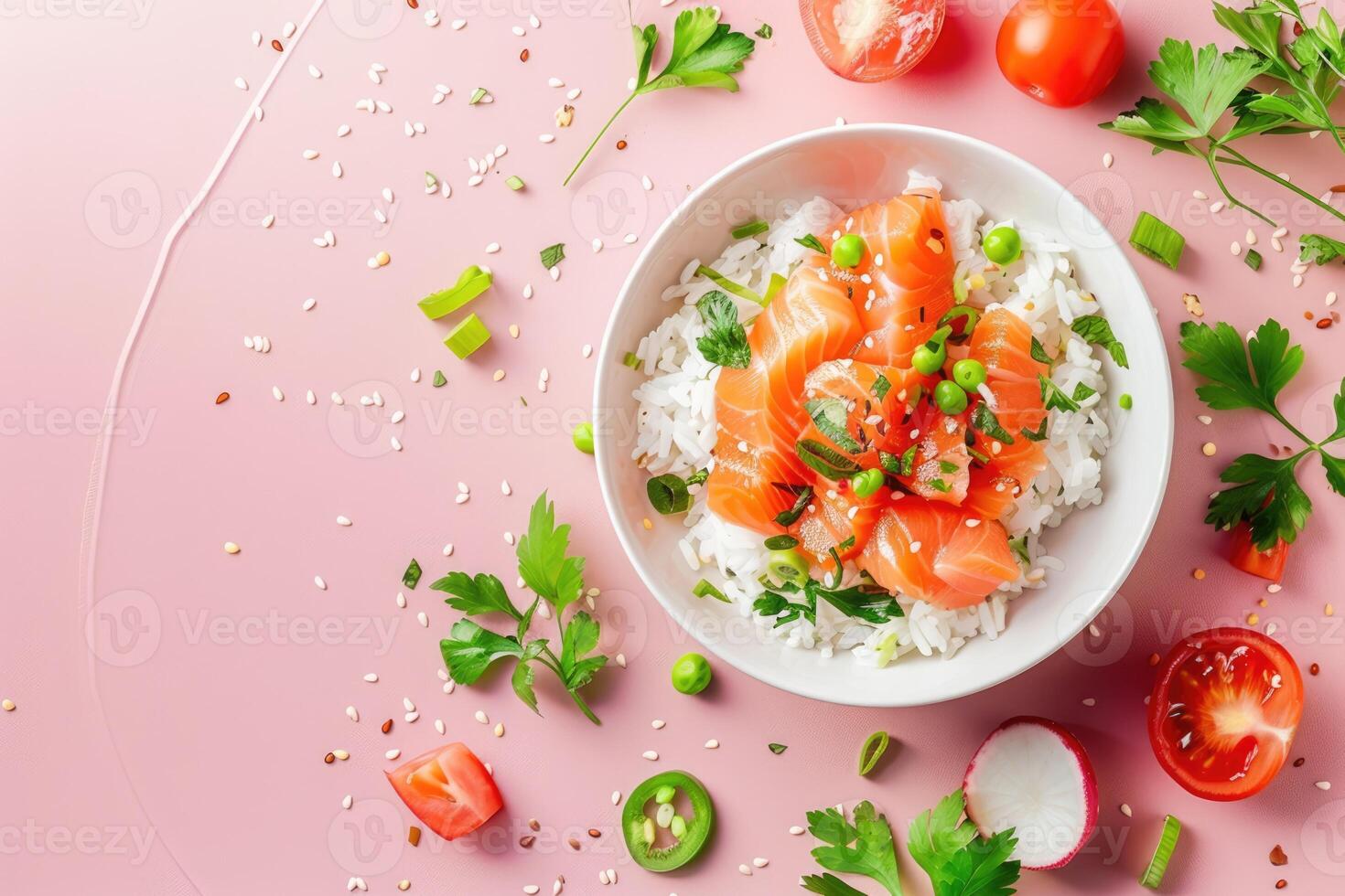 ai généré hawaïen poussée, poisson, riz, légumes, tropical feuilles, fleurs, espace pour texte photo