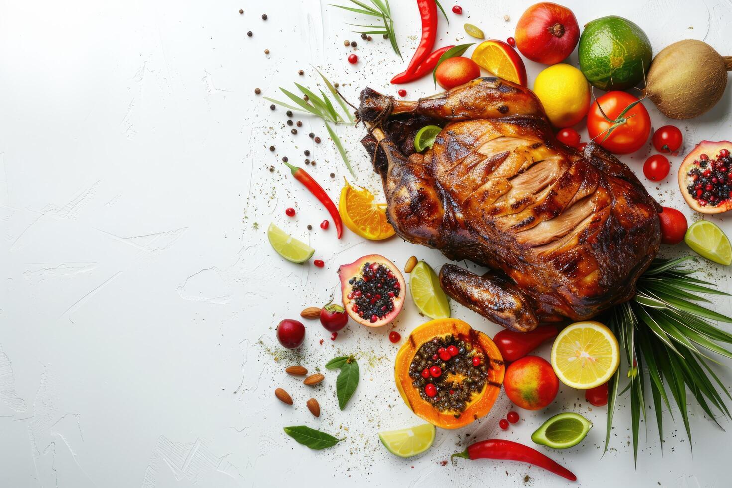 ai généré Caraïbes rôti Viande avec tropical des fruits, tropical feuilles et fleurs, espace pour texte photo