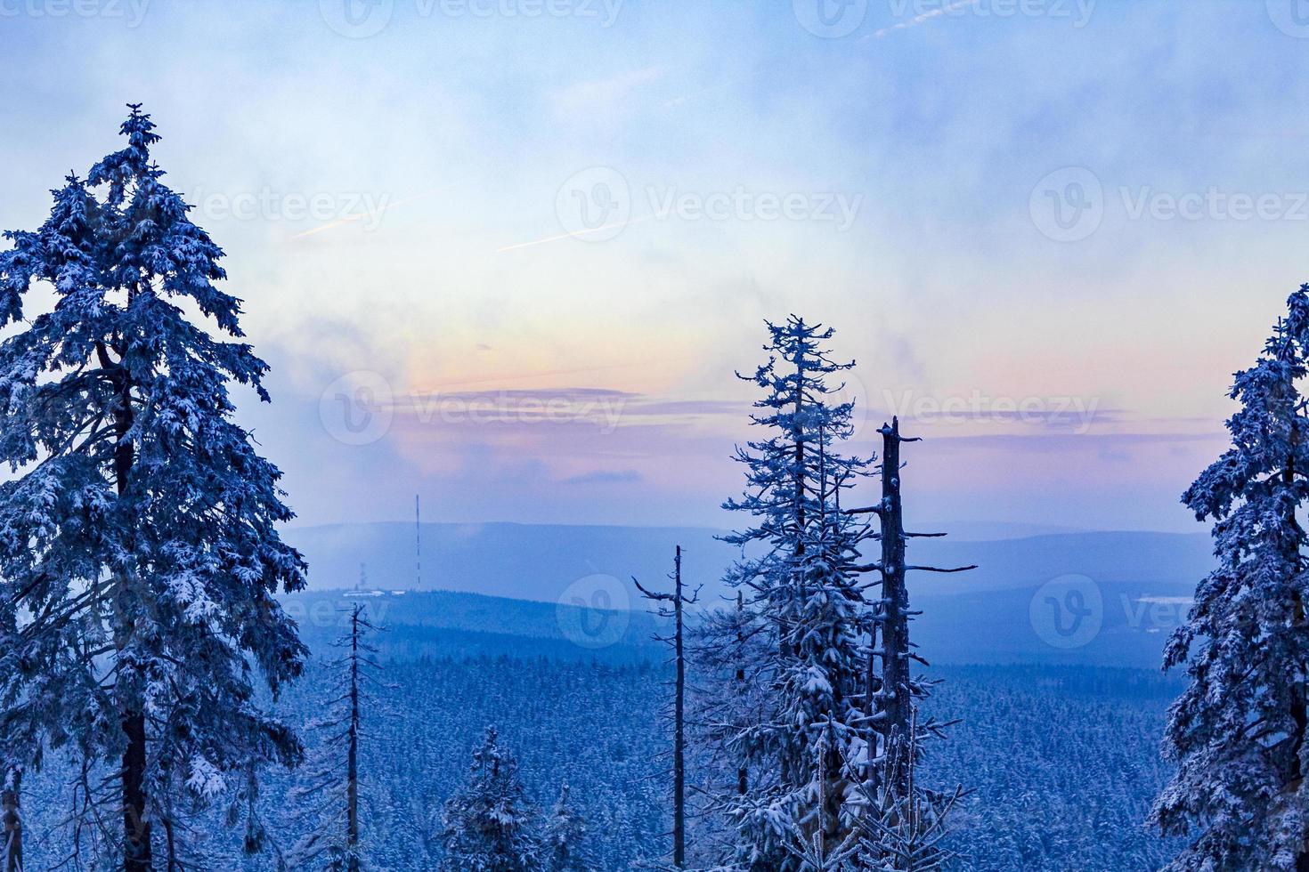 coucher de soleil paysage forestier panorama sapins glacés montagne brocken allemagne. photo