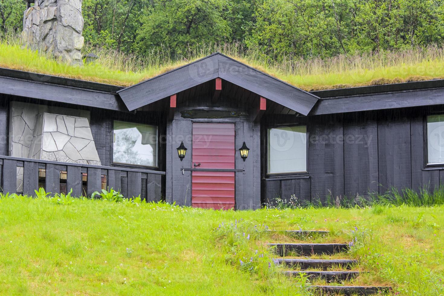 Cabane en bois noir avec toit envahi à hemsedal, norvège. photo