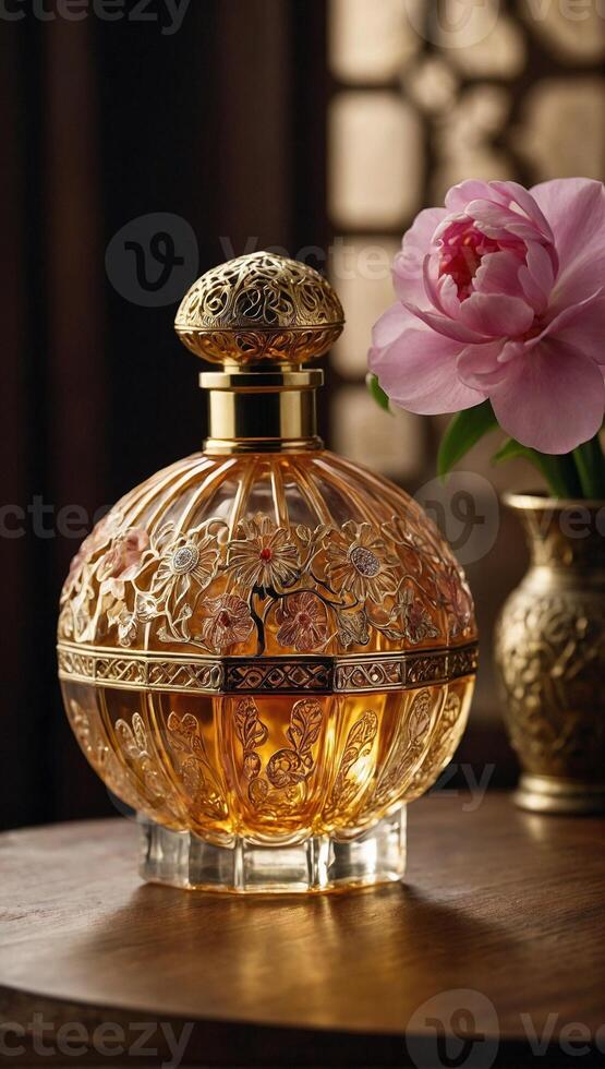 ai généré Oriental parfum bouteille délicieusement ouvré avec complexe motifs avec translucide d'or teinte liquide photo