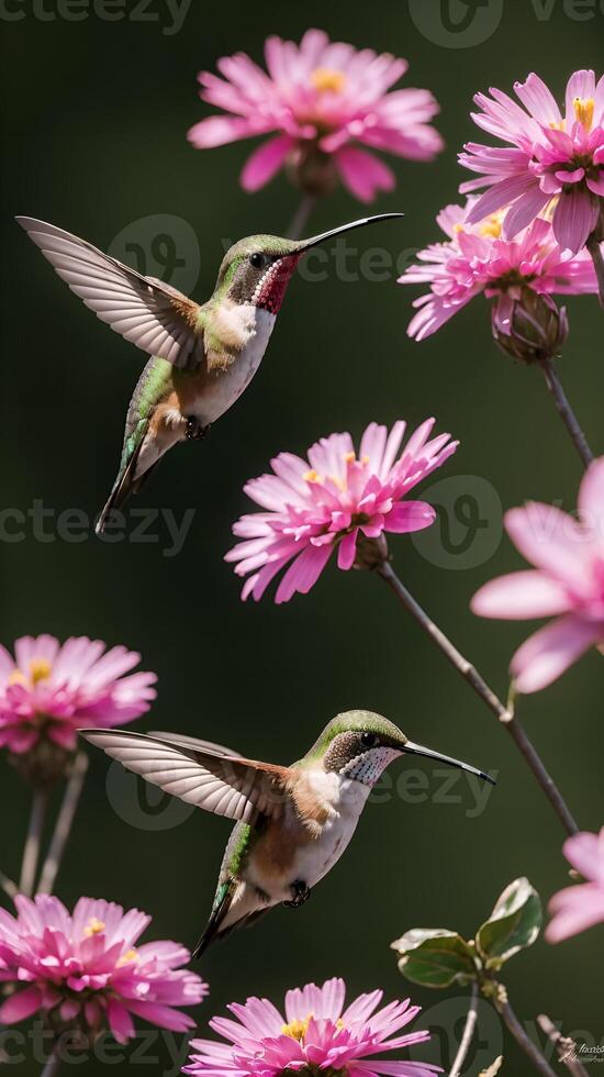 ai généré colibri oiseau en volant suivant à une magnifique rose fleurs photo