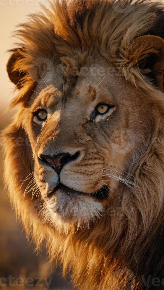ai généré proche en haut vue de une majestueux Masculin Lion baigné dans le chaud lueur de une réglage Soleil dans le vaste africain savane photo